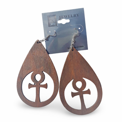 ANKH TEAR Drop Wooden Earrings - Afrocentric Earrings - Black - Brown
