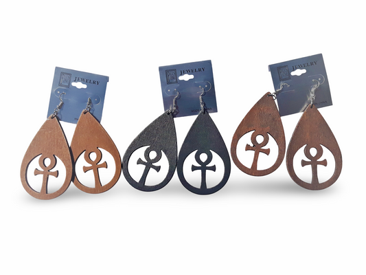 ANKH TEAR Drop Wooden Earrings - Afrocentric Earrings - Black - Brown