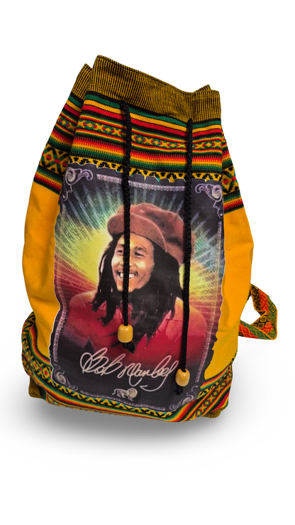 Yellow Bob Marley Rasta drawstring backpack made in Peru