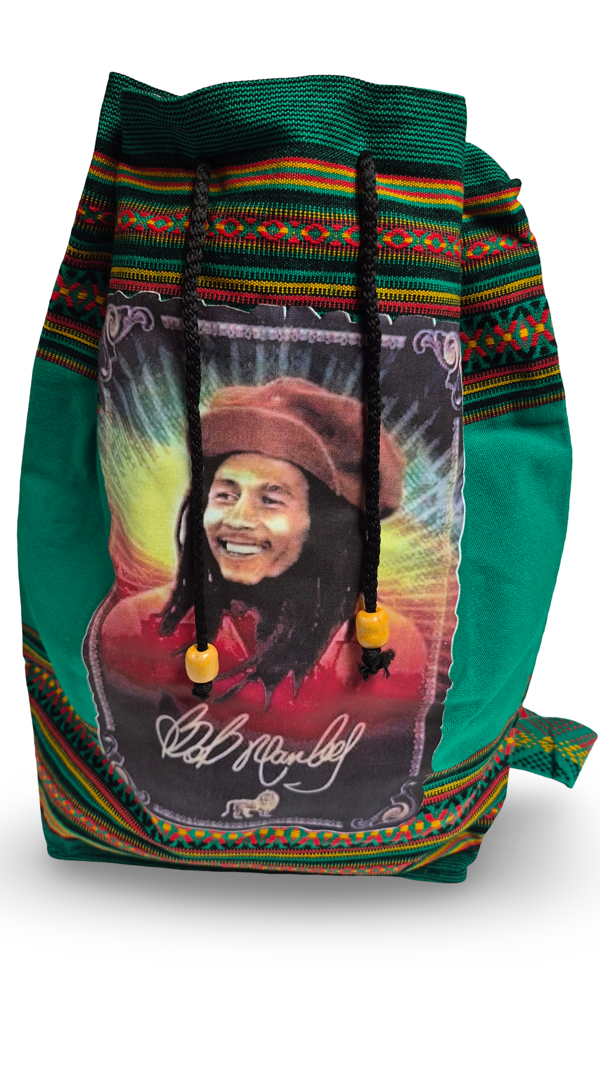 Green Bob Marley Rasta drawstring backpack made in Peru