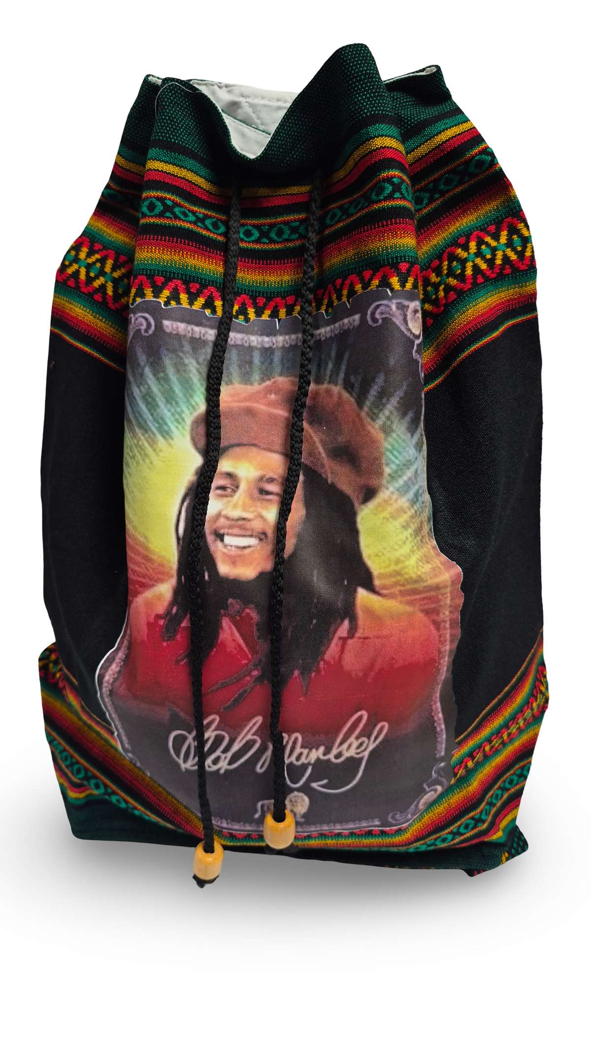 Black Bob Marley Rasta drawstring backpack made in Peru