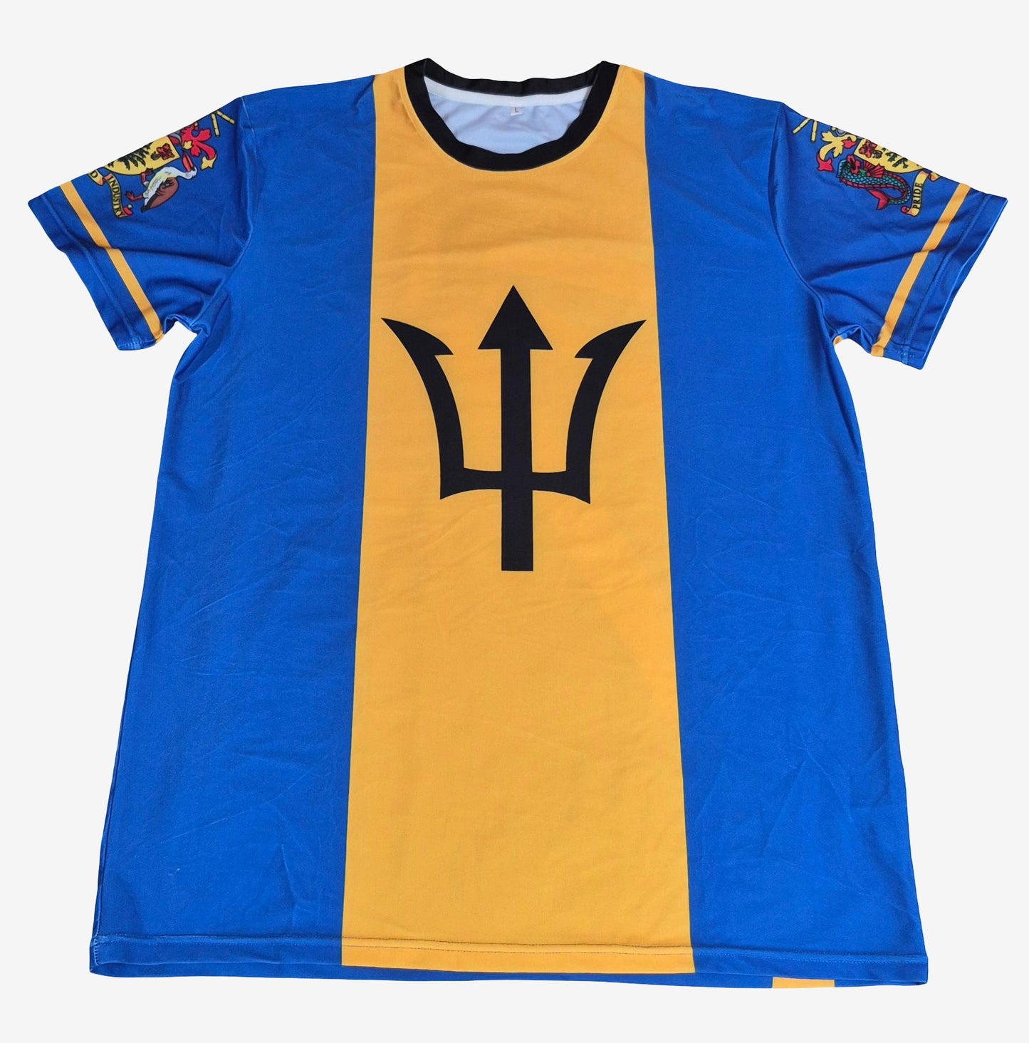 A short-sleeve bajan athletic jersey with a vertical yellow panel down the center, flanked by royal blue sides. The front has a large black trident emblem, and the sleeves feature small multicolor embroidered graphics.
