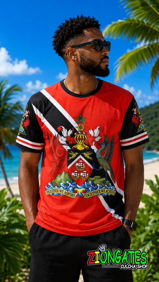 A man wearing a red and black short-sleeve Trinidad t-shirt with a detailed coat of arms graphic on the front, standing outdoors against a tropical beach background with palm trees and blue sky.