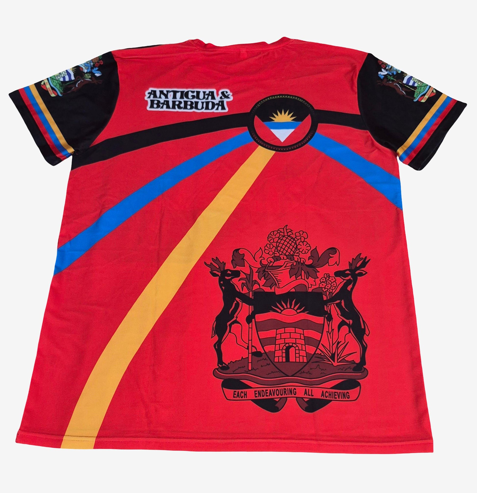 A red short-sleeve t-shirt featuring the Antigua and Barbuda coat of arms and flag graphics, with black sleeves and multicolor stripes.