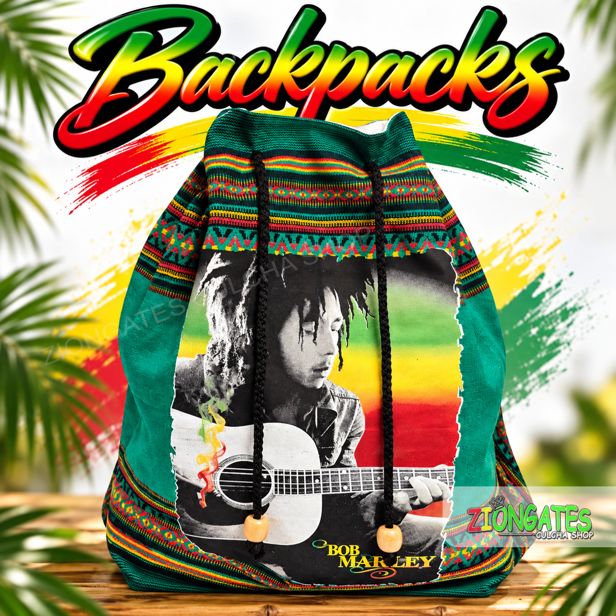 A drawstring backpack featuring a Bob Marley graphic, styled with Rastafarian green, yellow, and red patterns. The backpack is displayed on a wooden surface with a tropical background and a 'Backpacks' text overlay at the top.