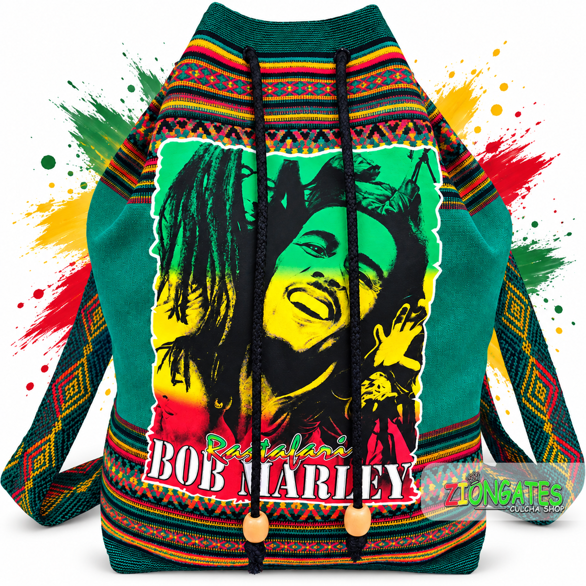 Green Bob Marley Rasta backpack with Jamaican reggae design