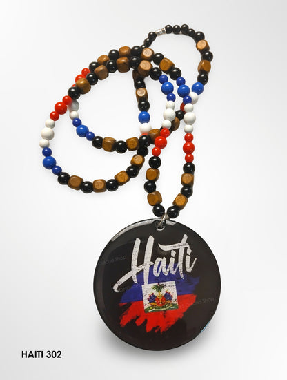 Haiti Flag Beaded Necklace - Large Haitian Pendant