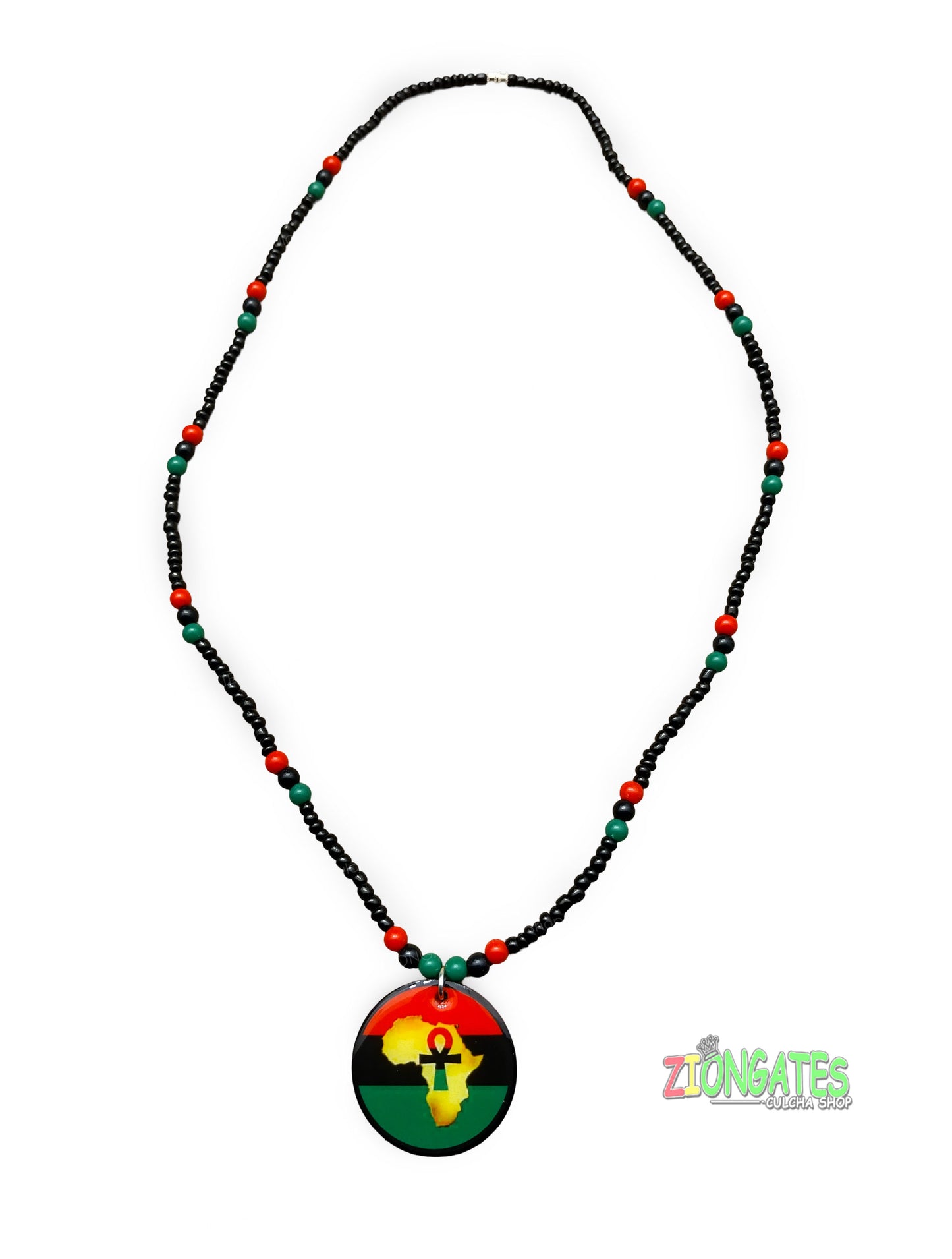 Red Black and Green Necklaces - Ankh - Africa - Black Beaded Pan African chain - RBG