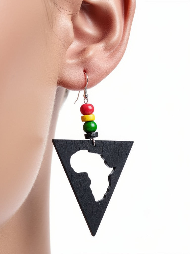 Black Triangle Earrings with map of Africa and Rasta beads