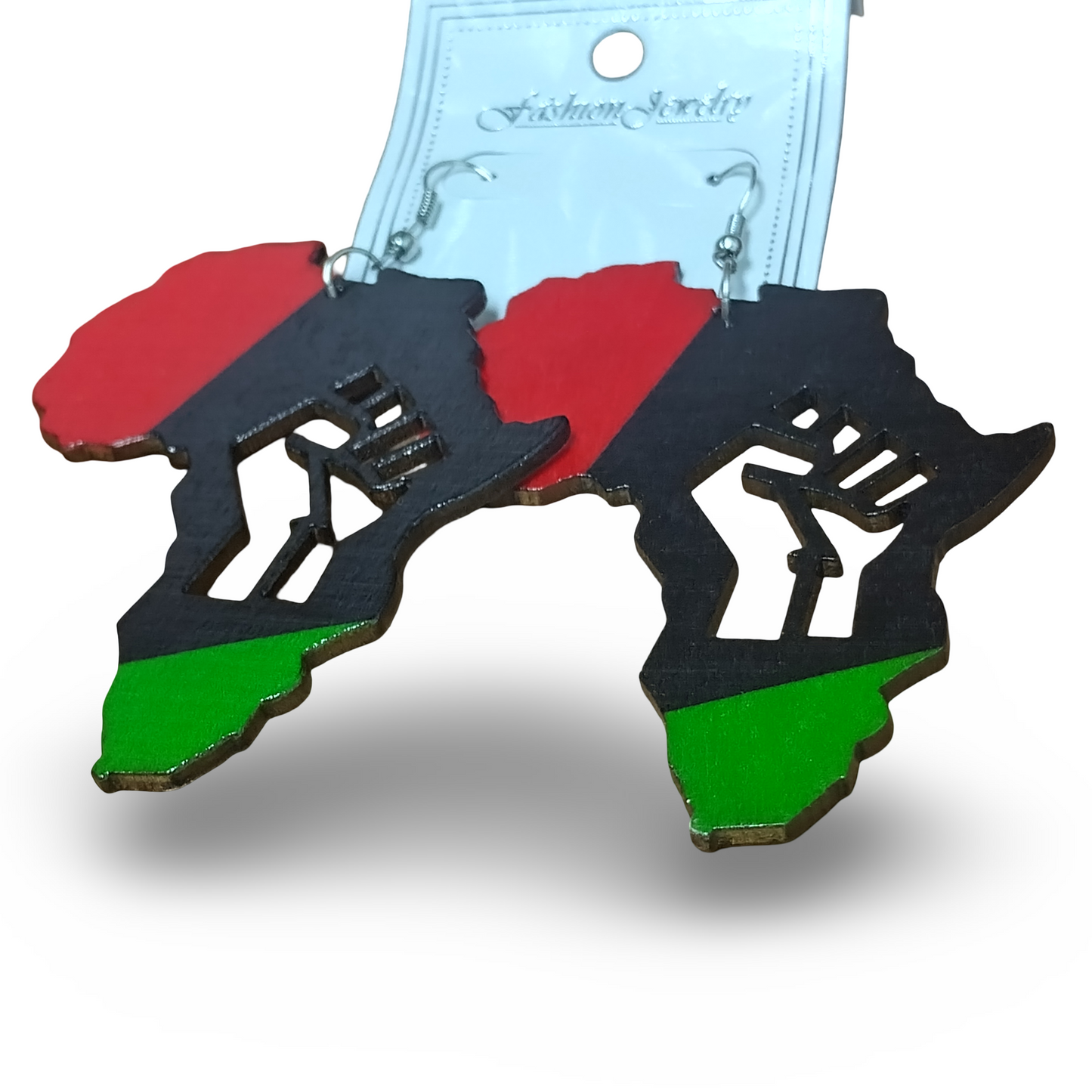 Africa wooden earrings with Fist - Rasta - Red Black and Green