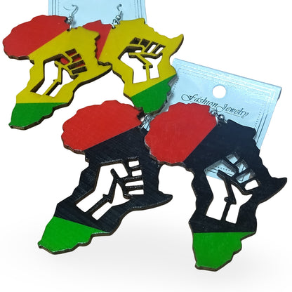 Africa wooden earrings with Fist - Rasta - Red Black and Green