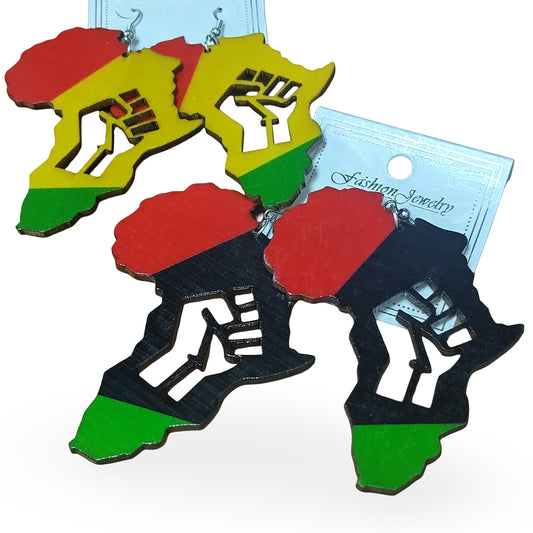 Africa wooden earrings with Fist - Rasta - Red Black and Green