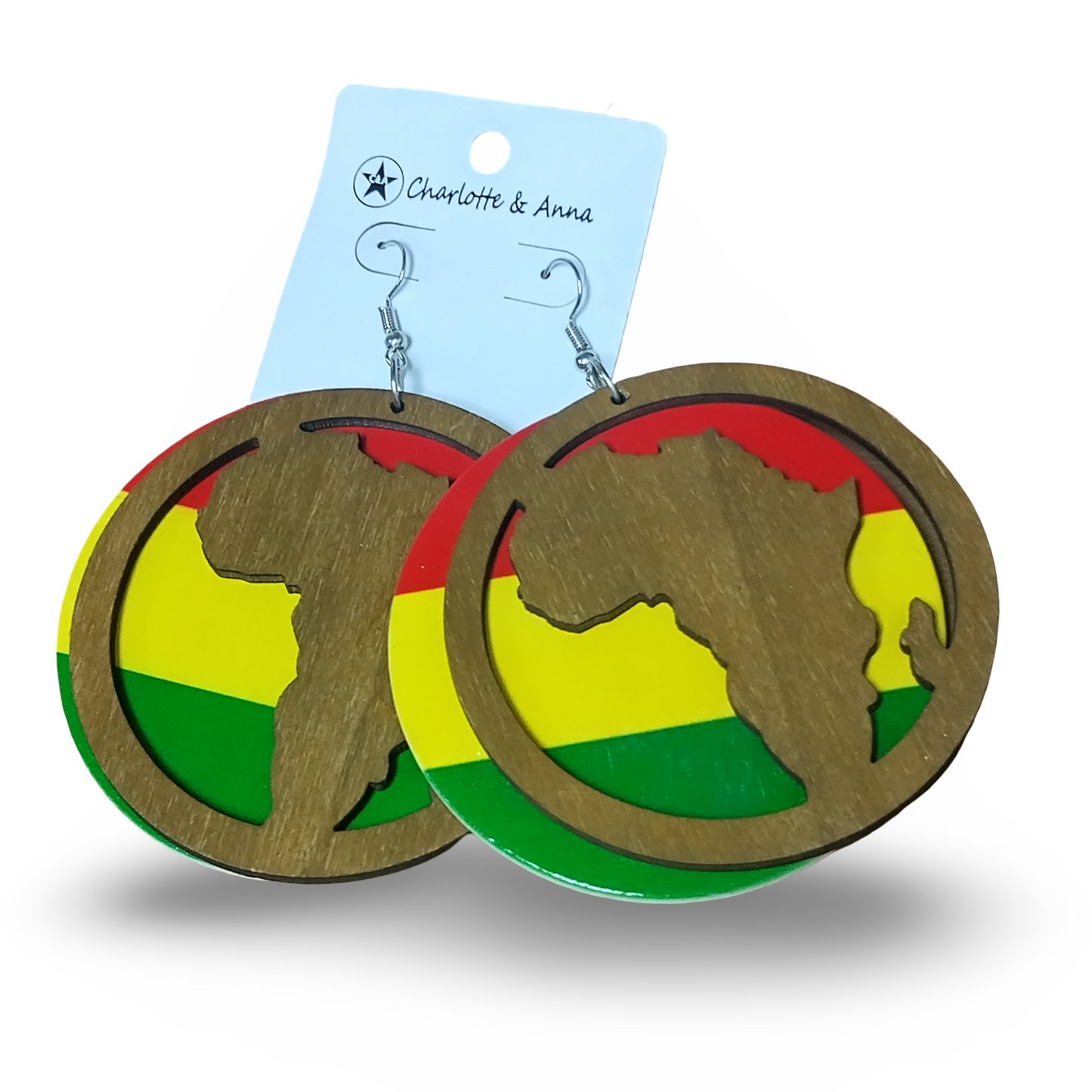 2 PIECE Red Yellow and Green Wooden earrings with Map of AFRICA - Rasta