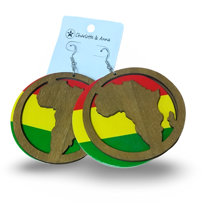 2 PIECE Red Yellow and Green Wooden earrings with Map of AFRICA - Rasta