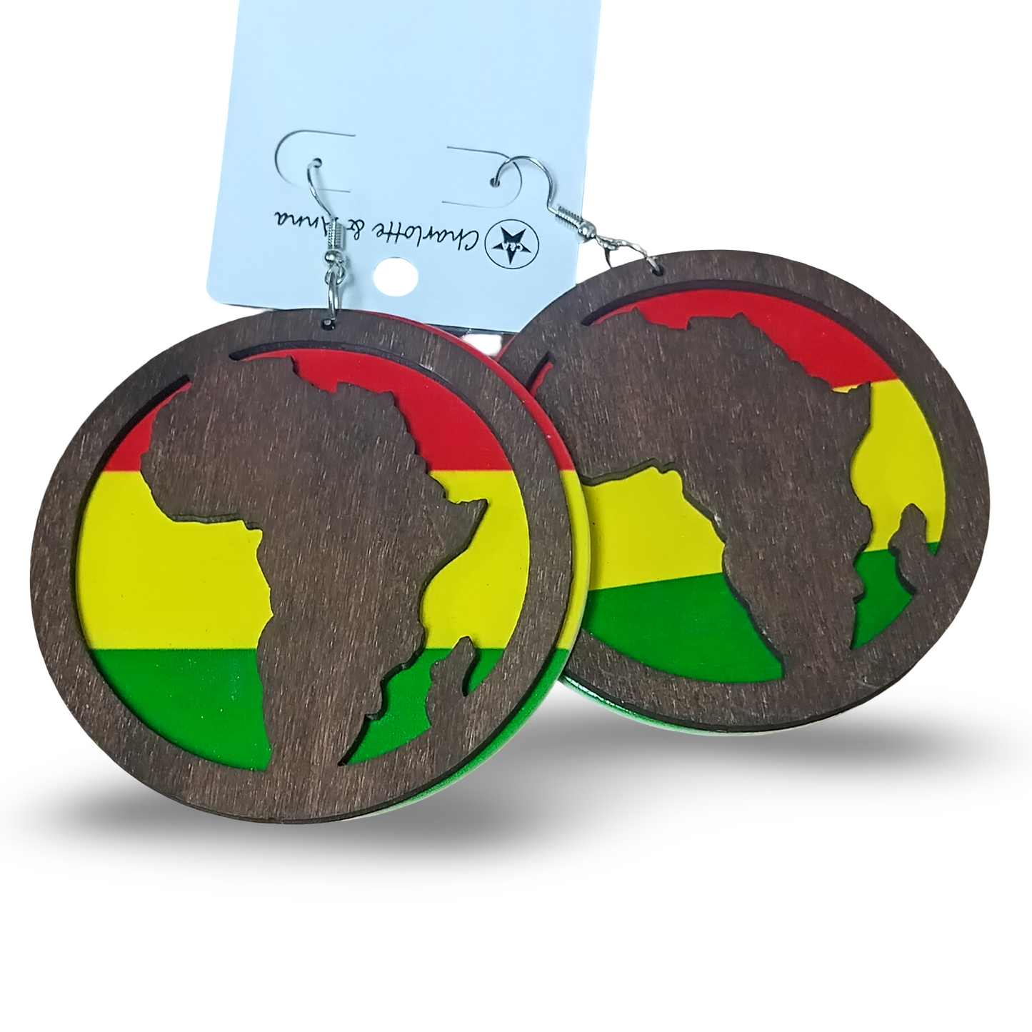 2 PIECE Red Yellow and Green Wooden earrings with Map of AFRICA - Rasta