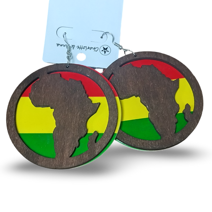 2 PIECE Red Yellow and Green Wooden earrings with Map of AFRICA - Rasta