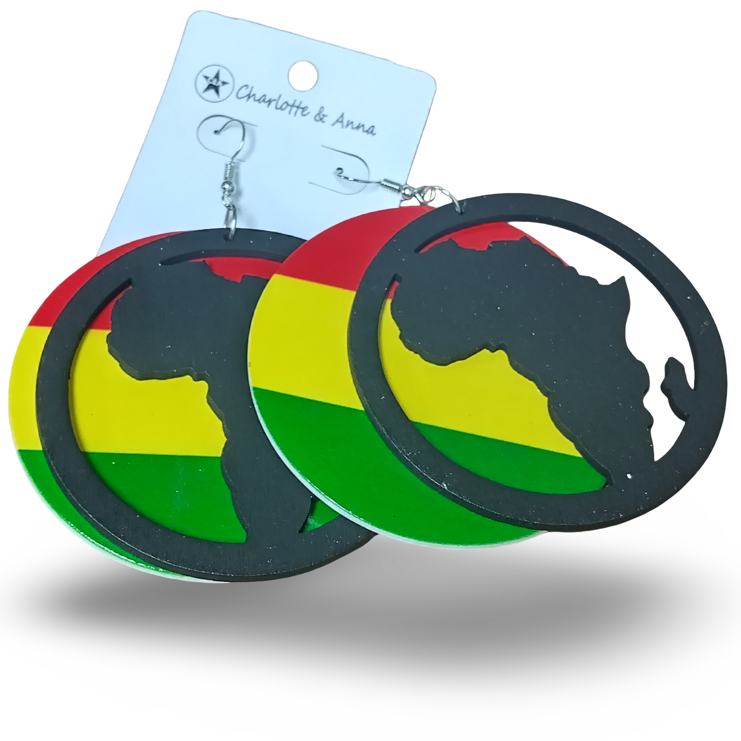 2 PIECE Red Yellow and Green Wooden earrings with Map of AFRICA - Rasta