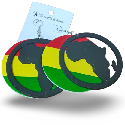 2 PIECE Red Yellow and Green Wooden earrings with Map of AFRICA - Rasta