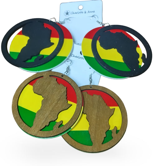 2 PIECE Red Yellow and Green Wooden earrings with Map of AFRICA - Rasta