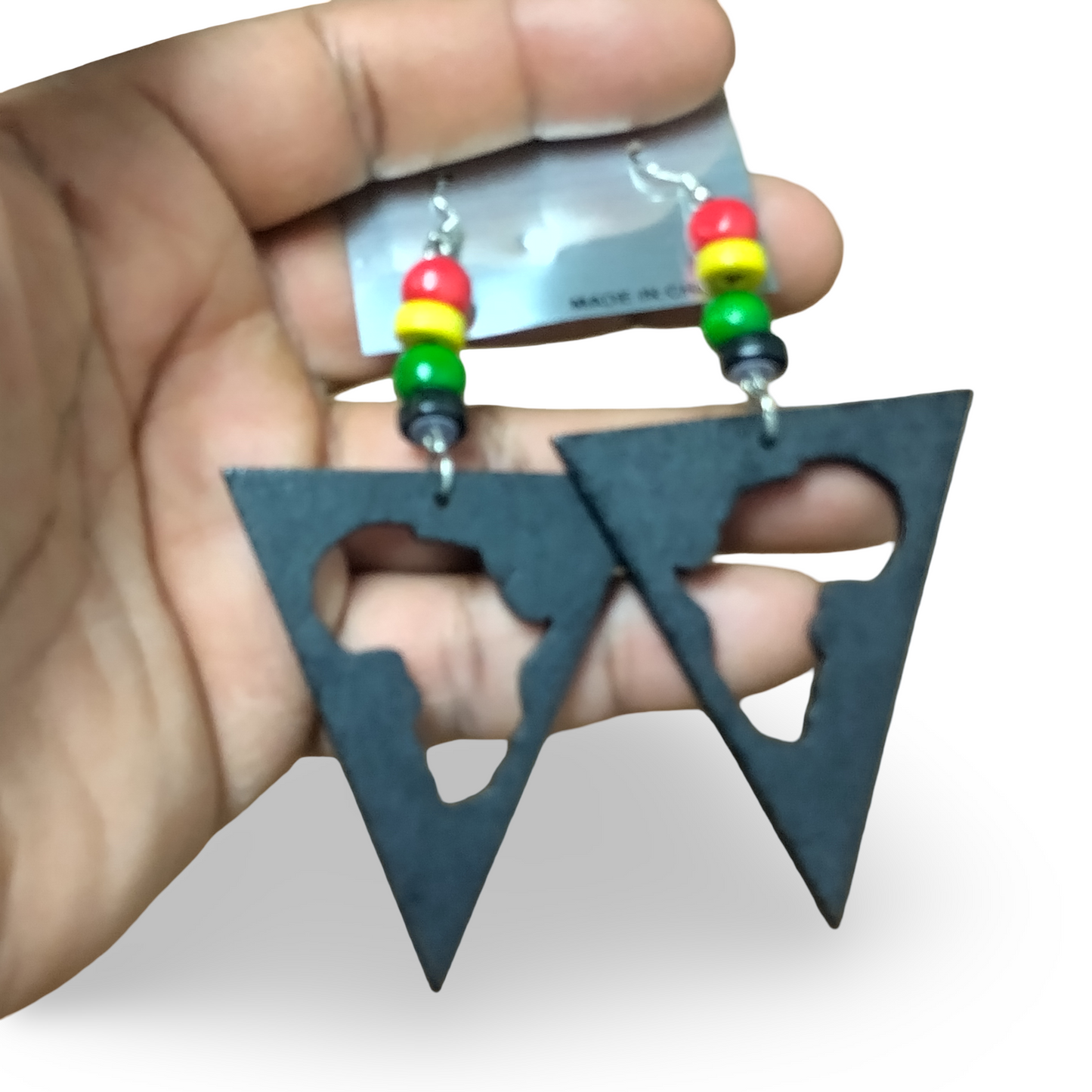 Black Triangle Earrings with map of Africa and Rasta beads