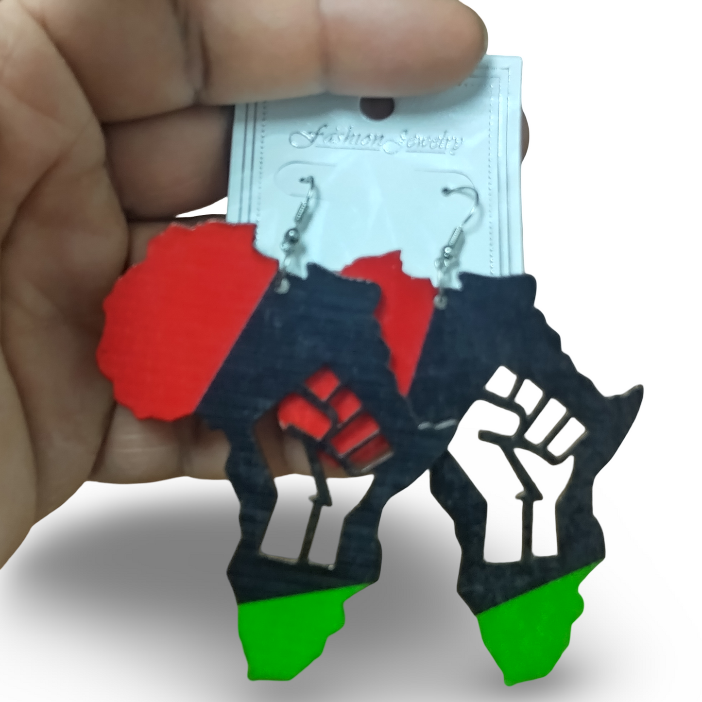 Africa wooden earrings with Fist - Rasta - Red Black and Green