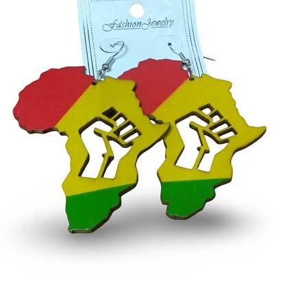 Africa wooden earrings with Fist - Rasta - Red Black and Green