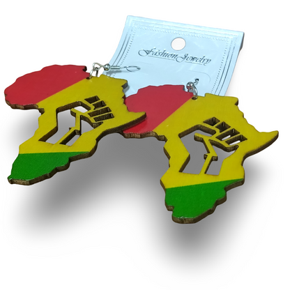 Africa wooden earrings with Fist - Rasta - Red Black and Green