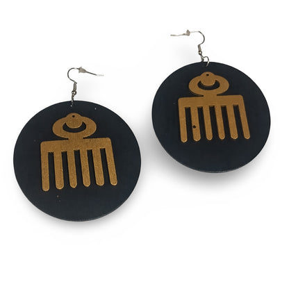 Round Afro PICK wooden earrings - Black - Brown