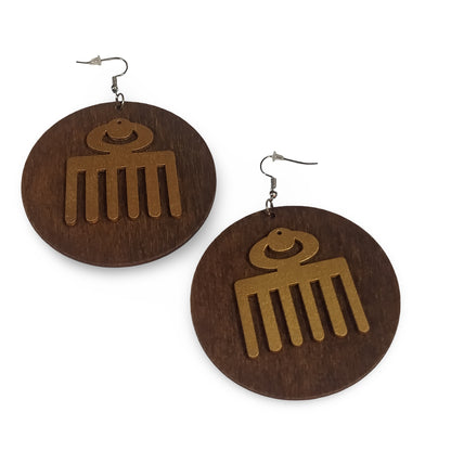 Round Afro PICK wooden earrings - Black - Brown