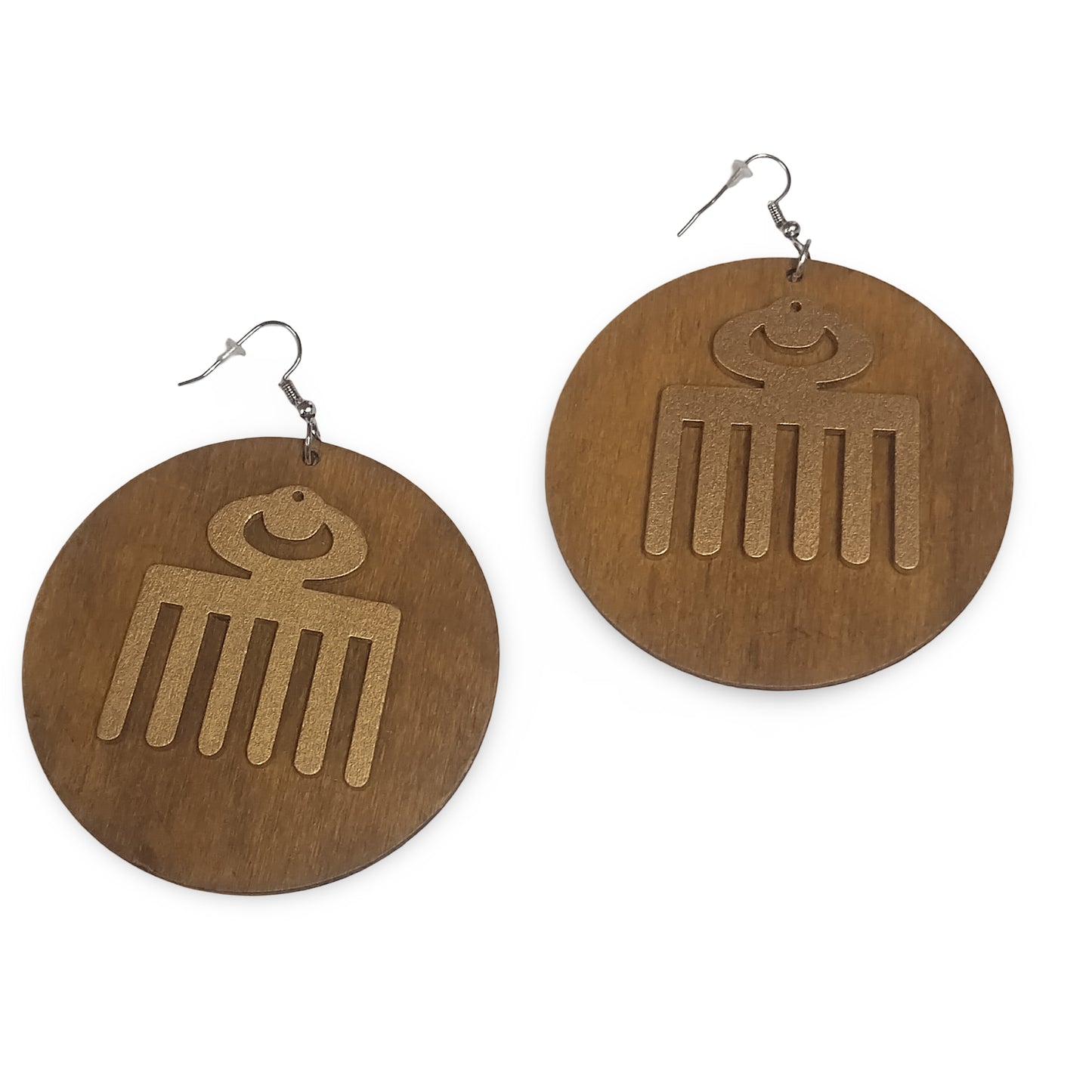 Round Afro PICK wooden earrings - Black - Brown