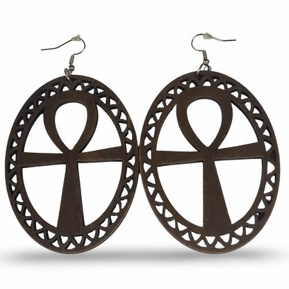 Large Wood ANKH Earrings - Afrocentric Earrings - Black - Brown - Black