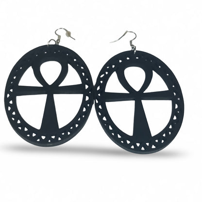 Large Wood ANKH Earrings - Afrocentric Earrings - Black - Brown - Black