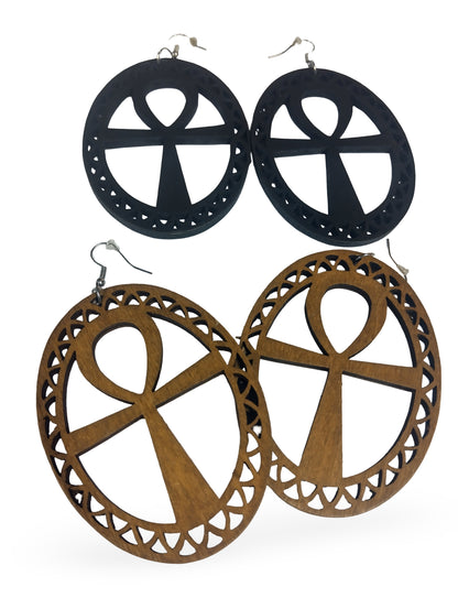 Large Wood ANKH Earrings - Afrocentric Earrings - Black - Brown - Black