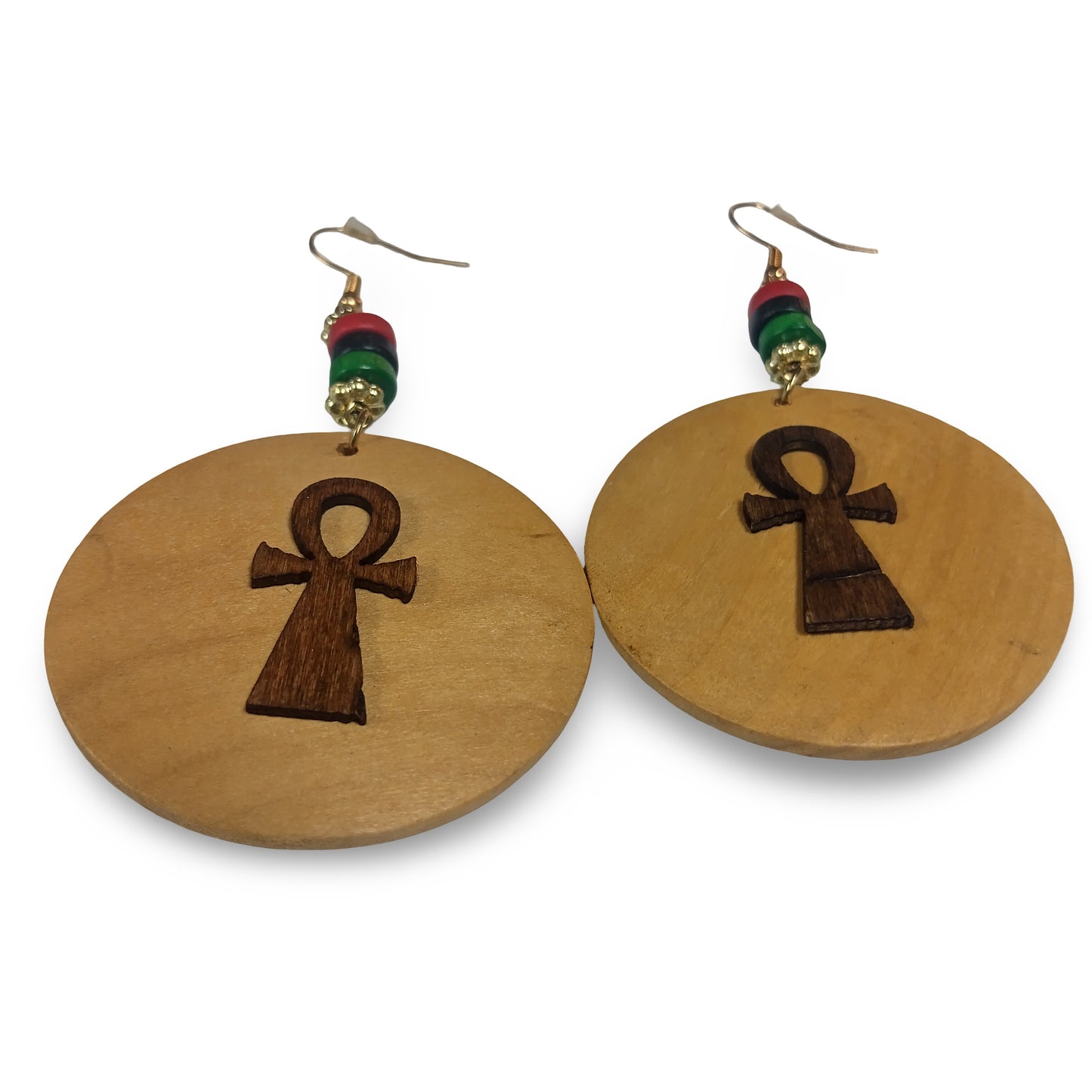 Small Wood ANKH Earrings w/ Red Black and Green beads- Afrocentric Earrings - Black - Brown - Black