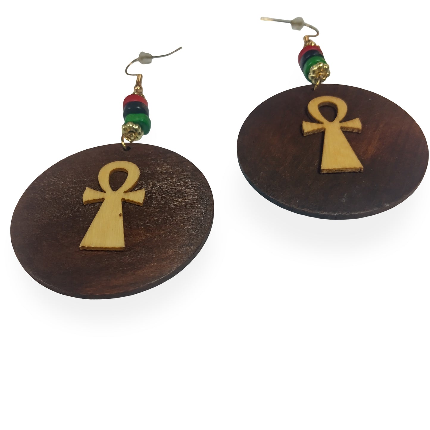 Small Wood ANKH Earrings w/ Red Black and Green beads- Afrocentric Earrings - Black - Brown - Black