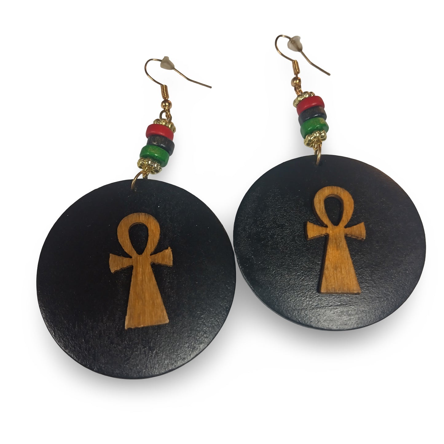 Small Wood ANKH Earrings w/ Red Black and Green beads- Afrocentric Earrings - Black - Brown - Black