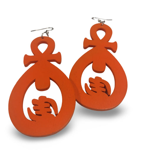 Orange ANKH with Gye Nyame Earrings Wood Earrings - Afrocentric Earrings
