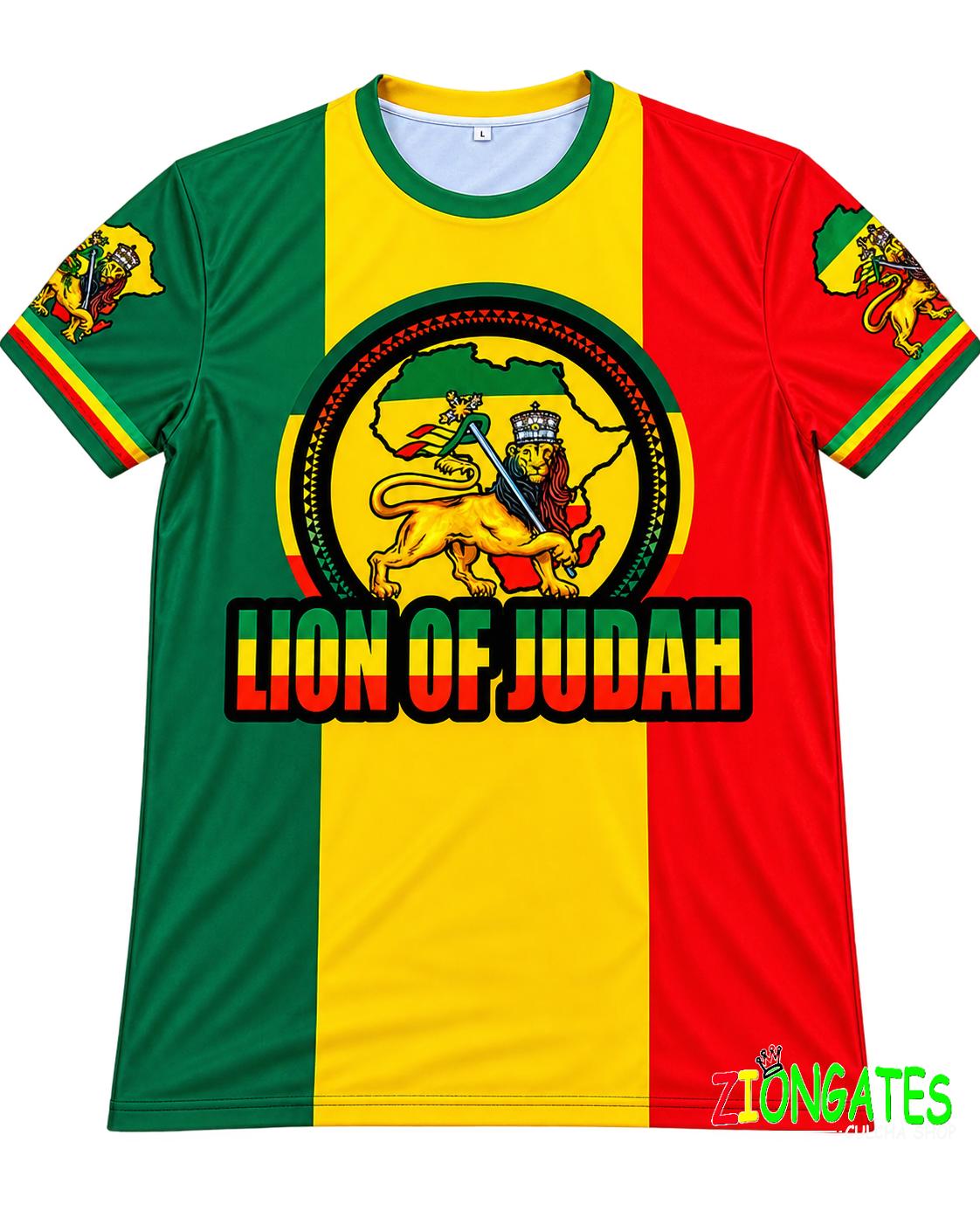 A short-sleeve crewneck t-shirt featuring the vertical green, yellow, and red stripes of the Ethiopian flag, with a central circular emblem of a lion holding a sword and the text 'LION OF JUDAH' in red, yellow, and green. The sleeves feature small graphic prints of the Ethiopian flag and lion.