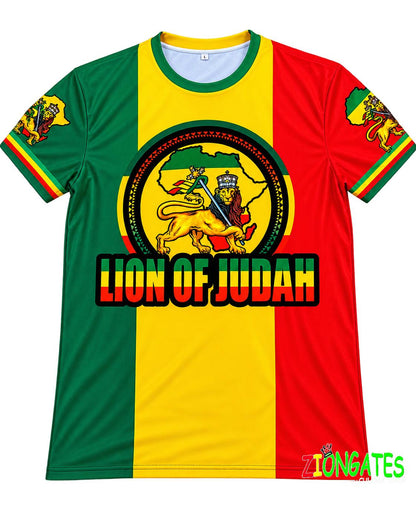 A short-sleeve crewneck t-shirt featuring the vertical green, yellow, and red stripes of the Ethiopian flag, with a central circular emblem of a lion holding a sword and the text 'LION OF JUDAH' in red, yellow, and green. The sleeves feature small graphic prints of the Ethiopian flag and lion.