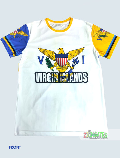 A white short-sleeve t-shirt with a yellow collar, featuring a large 'Virgin Islands' graphic with an eagle on the chest and blue and yellow sleeve prints, shown on a light gray background, ziongatesonline.com.