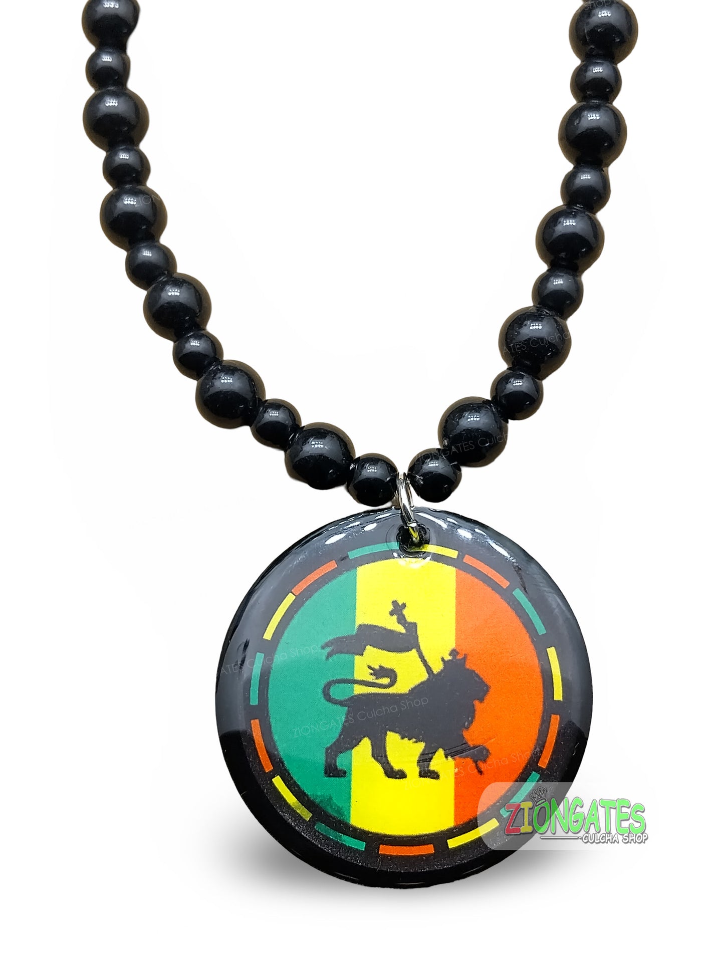 Lion of Judah Rasta Necklace with black beaded chain - LNE-15B