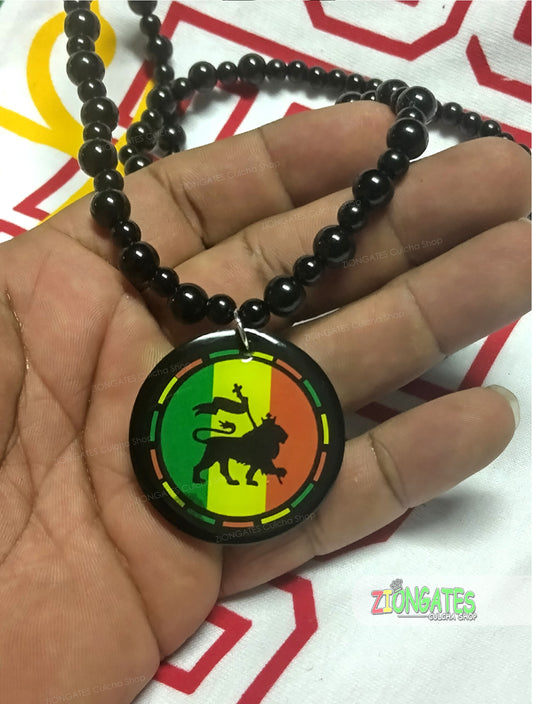 Lion of Judah Rasta Necklace with black beaded chain - LNE-15B