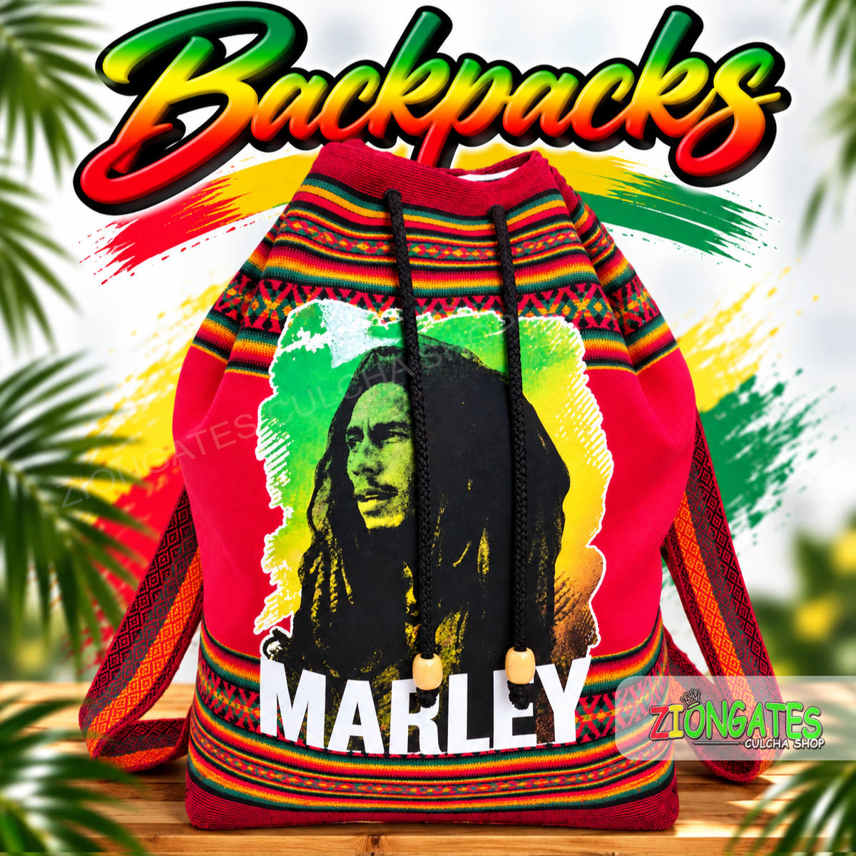 A red drawstring backpack with a Bob Marley graphic, featuring Rastafarian-style multicolor stripes and the word 'MARLEY' printed in white. The background is a tropical beach scene with palm leaves, and the word 'Backpacks' is written in large red, yellow, and green letters at the top.