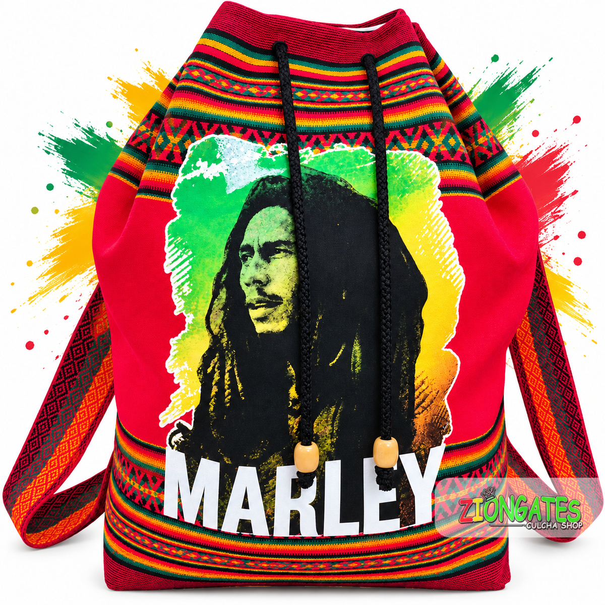 Red Bob Marley Rasta backpack with colorful Jamaican reggae-inspired design
