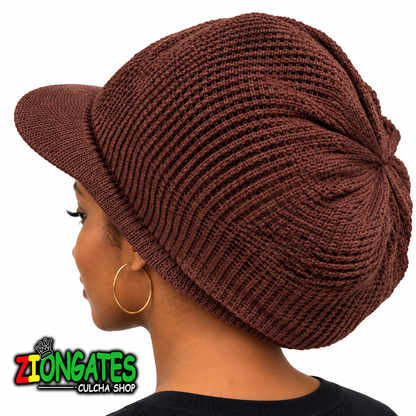 A woman shown in profile wearing a brown ribbed knit slouchy cap with a brim. The image features a 'ZIONGATES CULCHA SHOP' logo overlay in the bottom-left corner against a solid white background.