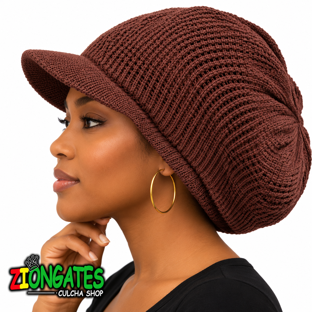 A woman in profile wearing a brown ribbed knit slouchy hat with a brim, shown against a white background with a ZIONGATES Culcha Shop logo in the lower-left corner.