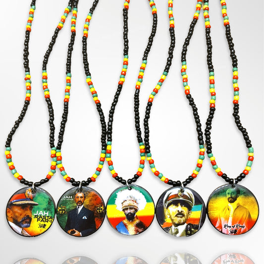 Selassie Bead Necklaces - Red Yellow and Green Rasta Beaded chain - small pendants