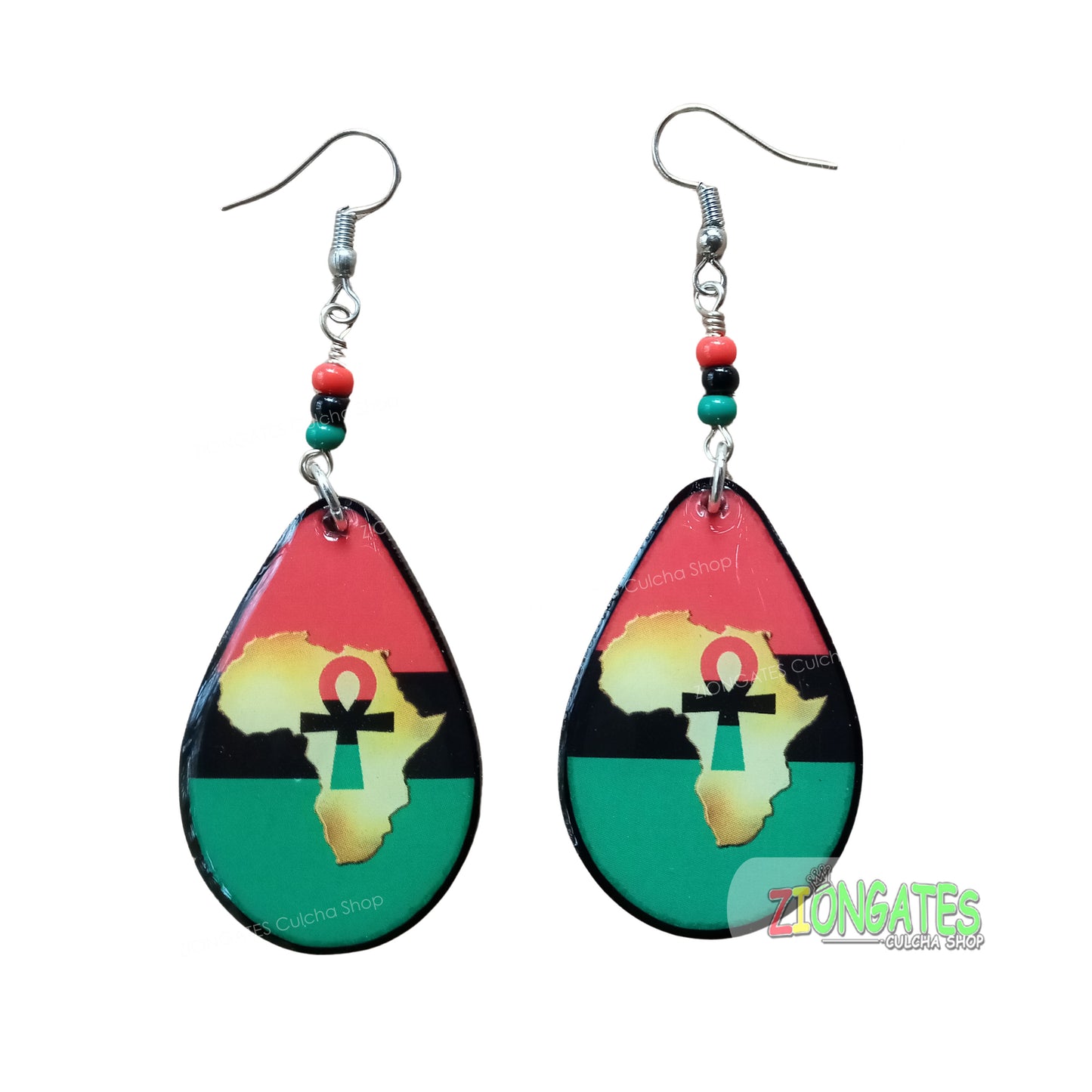 Red Black and Green Earrings - Pan Africa - Garvey - Ankh