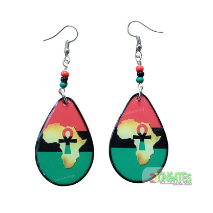 Pan-African Africa Map & Ankh Teardrop Dangle Earrings