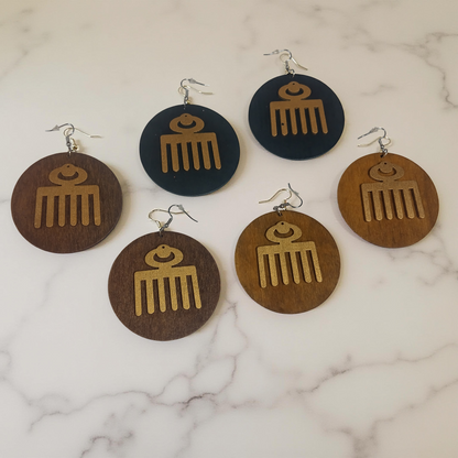 Round Afro PICK wooden earrings - Black - Brown